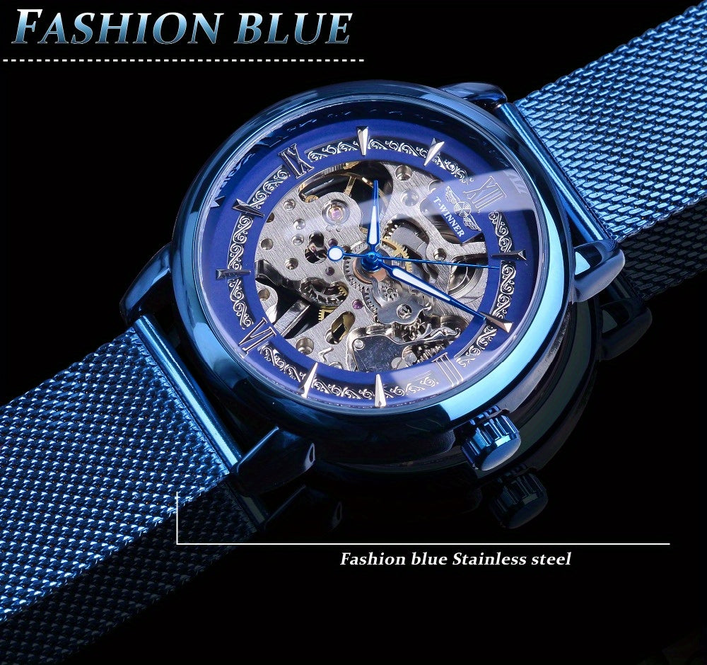 Stainless Steel Automatic Mens Watch - Fashionable Hollow Design, Mesh Strap, Water-resistant for Business & Casual Wear