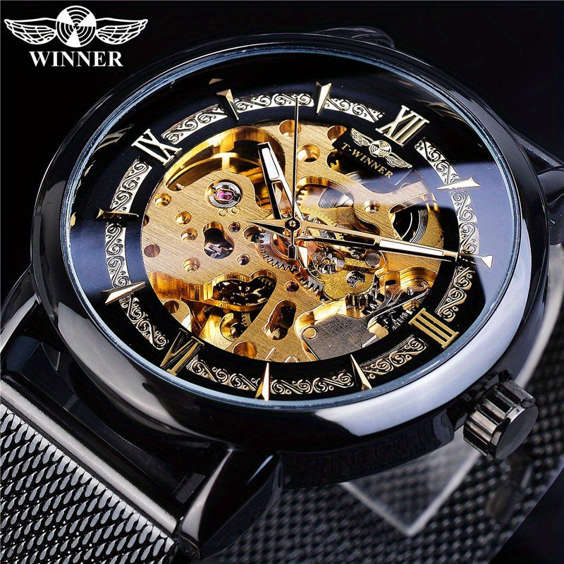 Stainless Steel Automatic Mens Watch - Fashionable Hollow Design, Mesh Strap, Water-resistant for Business & Casual Wear