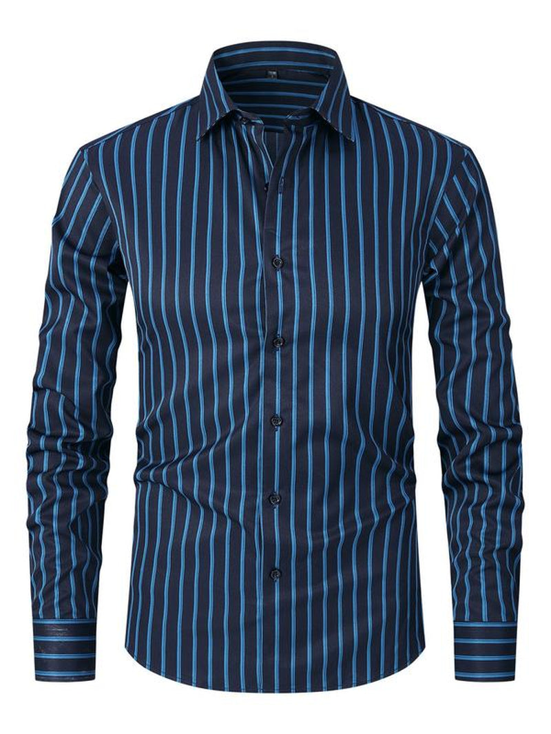 Men'S Striped Print Button Front Shirt, Regular Fit Casual Long Sleeve Collared Top for Spring & Fall, Men'S Clothes for Business Work Daily Wear
