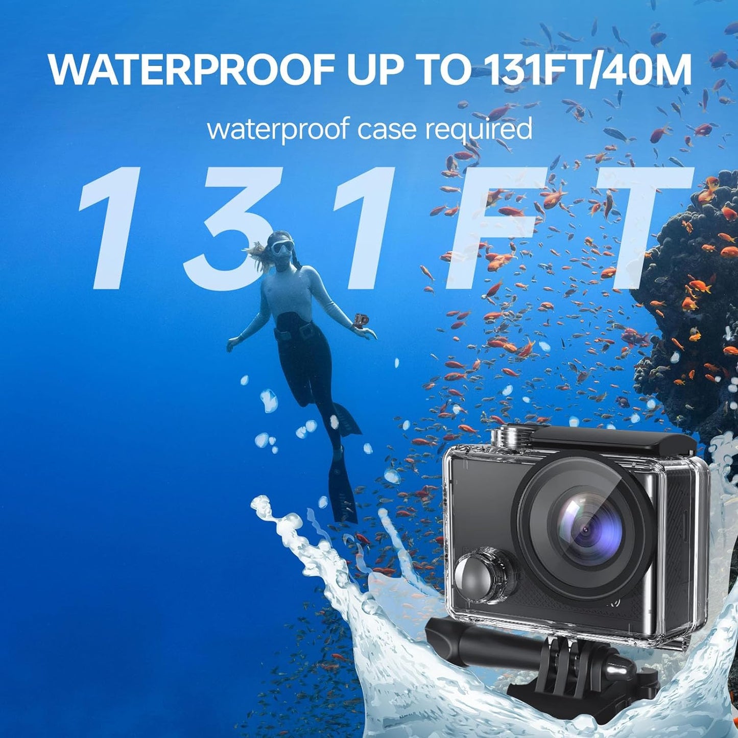 Speed 10 Action Camera 5K 30FPS Waterproof Camera Underwater 131 FT with EIS, Remote Control Sports Camera 5X Zoom with 64GB SD Card and 2 Battery