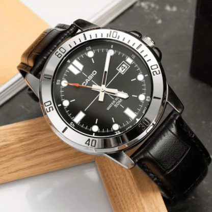 CASIO Authentic Quartz Watch - Original Design with Calendar, 50M Water Resistant, Analog Dial - Stylish Genuine Leather Strap for Men and Women