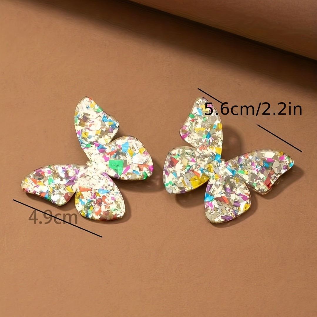 Creative Butterfly Design With Colorful Sequins Decor Stud Earrings Elegant Party Style Acrylic Jewelry Female Gift
