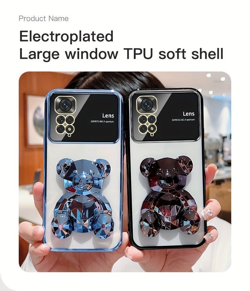 For Redmi Note 11/Note 11S/Note 11 Pro 4G/Note 11 Pro 5G And Note 11 Pro+ 5G (India) 's Fashion Electroplated Shockproof Stereoscopic Fashionable Large Window Stereoscopic Bear Stand Phone Case