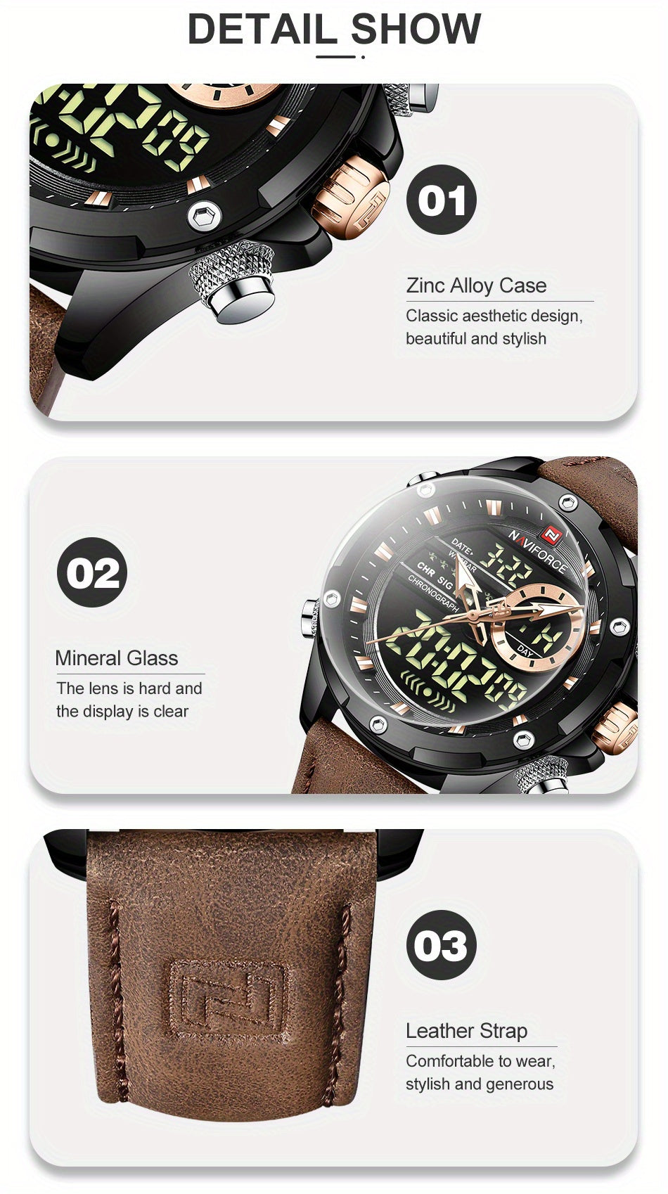 NAVIFORCE Men's Waterproof LED Dual Display Quartz Watch, Big Dial Chronograph Function Watch