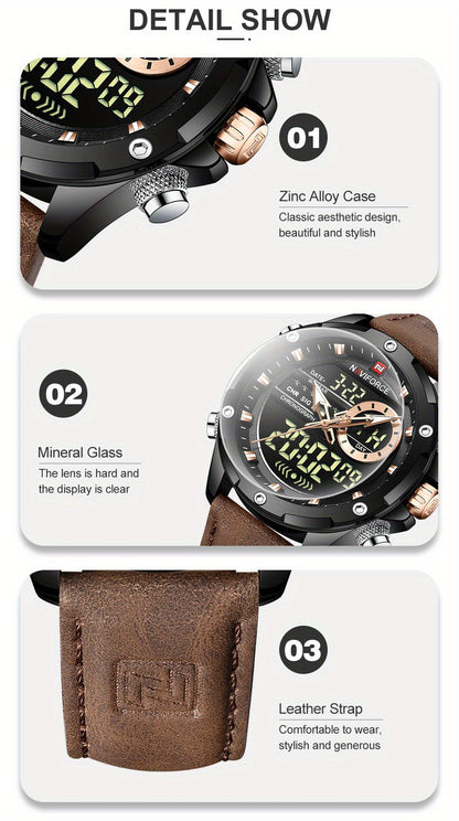 NAVIFORCE Men's Waterproof LED Dual Display Quartz Watch, Big Dial Chronograph Function Watch