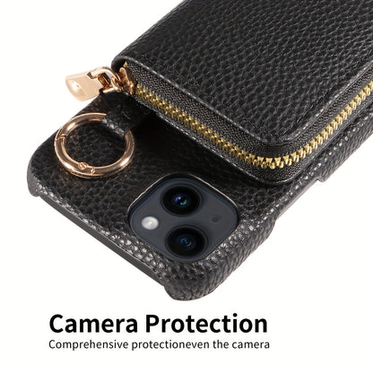 Leather Phone Case with Zipper Lanyard, Wallet, and Card Holder for iPhone (Multiple Models) - Anti-Drop and Convenient