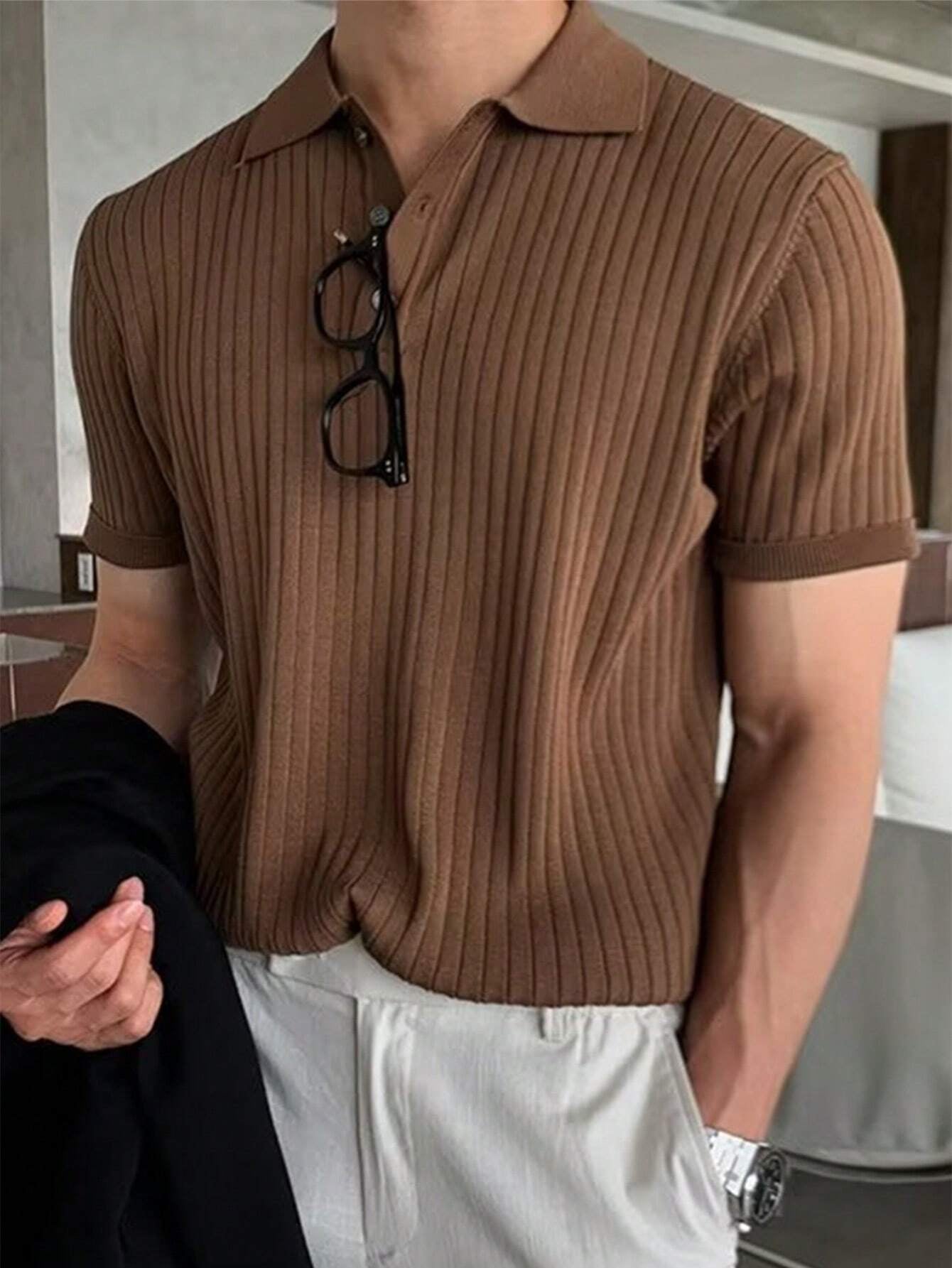 Manfinity Hypemode Men'S Solid Color Rib-Knit Polo Shirt