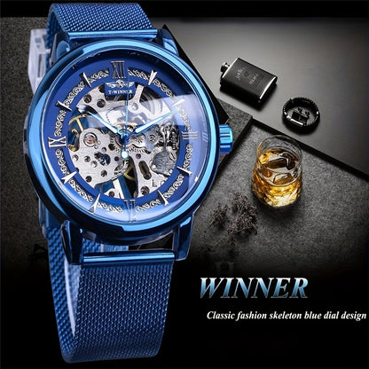 Stainless Steel Automatic Mens Watch - Fashionable Hollow Design, Mesh Strap, Water-resistant for Business & Casual Wear