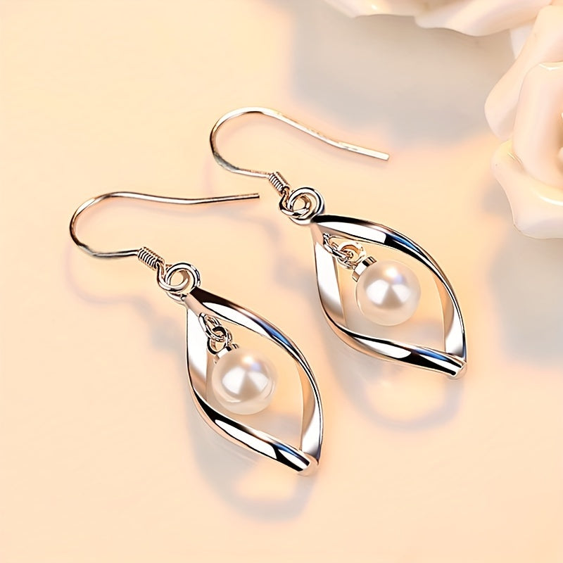 2 Pieces Silver Twisted Frame Imitation Pearl Hanging Earrings, Elegant Fashion Jewelry for Women and Girls