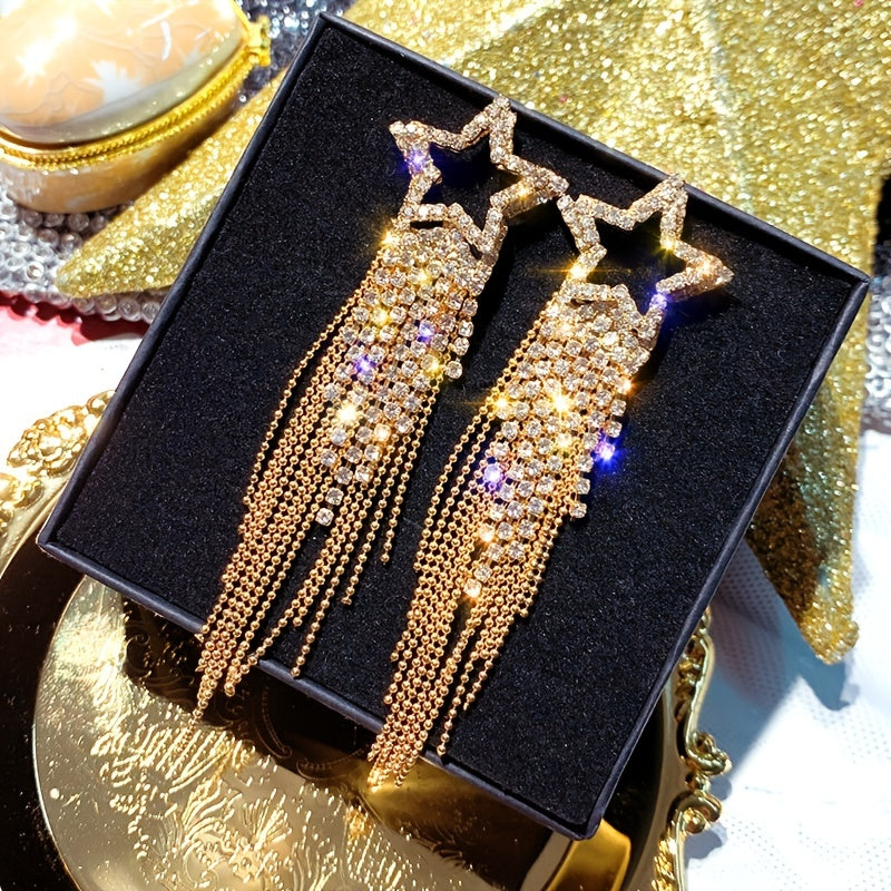 Jewelry for Women Featuring Long Tassel Earrings with a Silvery Pentagram Star Design, Perfect As Party Gifts.