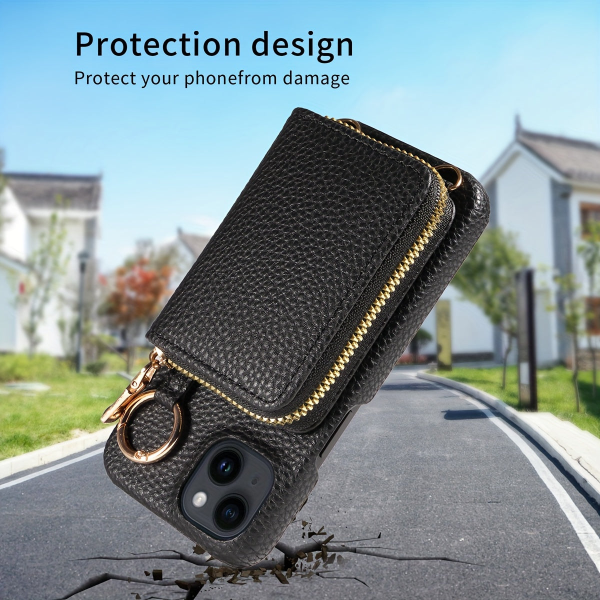 Leather Phone Case with Zipper Lanyard, Wallet, and Card Holder for iPhone (Multiple Models) - Anti-Drop and Convenient