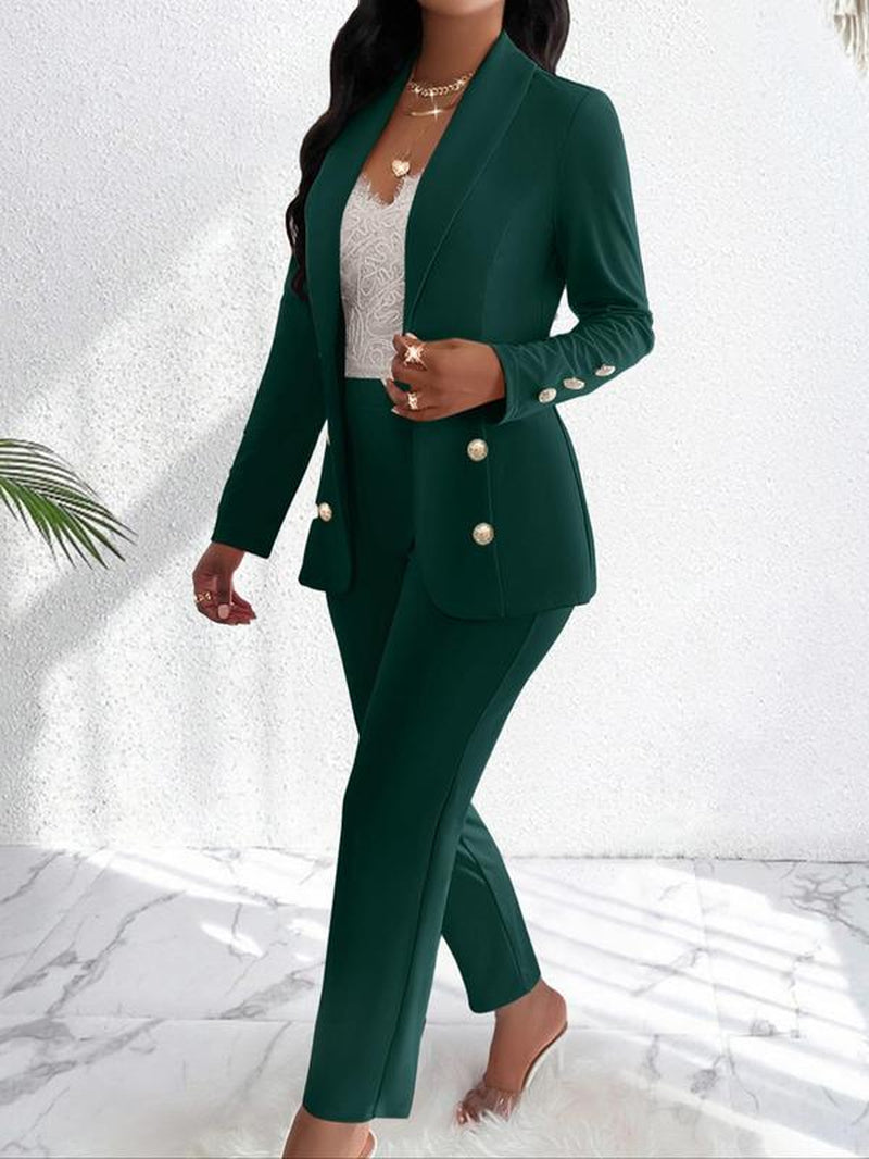 Aliling Women'S Solid Color Blazer & Straight Leg Pants Two-Piece Set, Elegant Fashion Casual Outfits for Work Office Business, Ladies Clothes for Fall & Winter