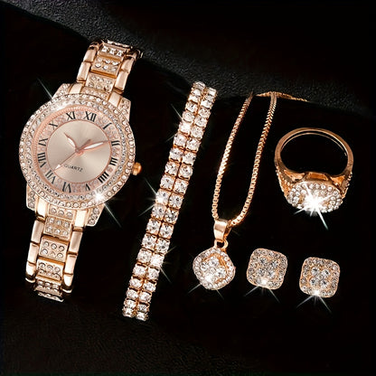 7pcs/set Women's Watch Luxury Rhinestone Quartz Watch Rome Fashion Analog Wrist Watch & Jewelry Set, Gift For Mom Her