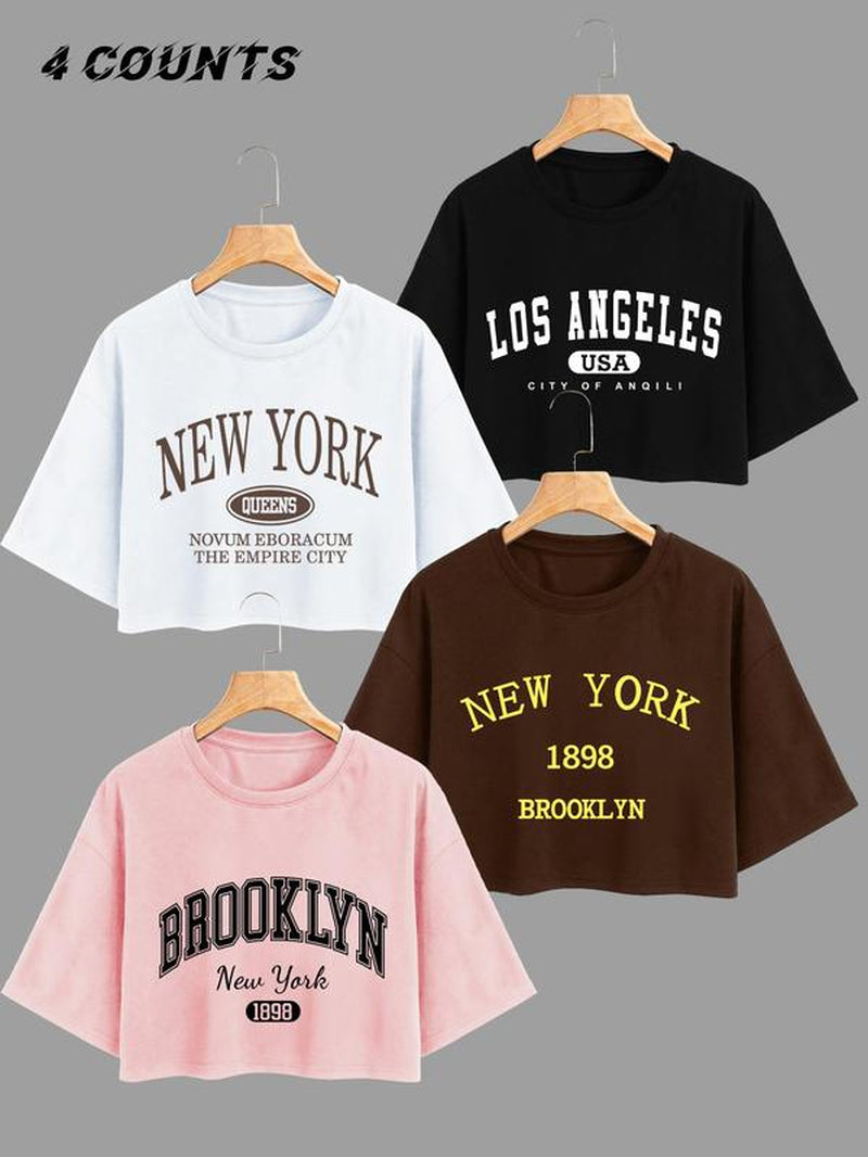 Women'S Letter Gym Work Print Drop Shoulder Short Tee, Casual Short Sleeve round Neck T-Shirt for Summer, Ladies Clothes for Daily Wear