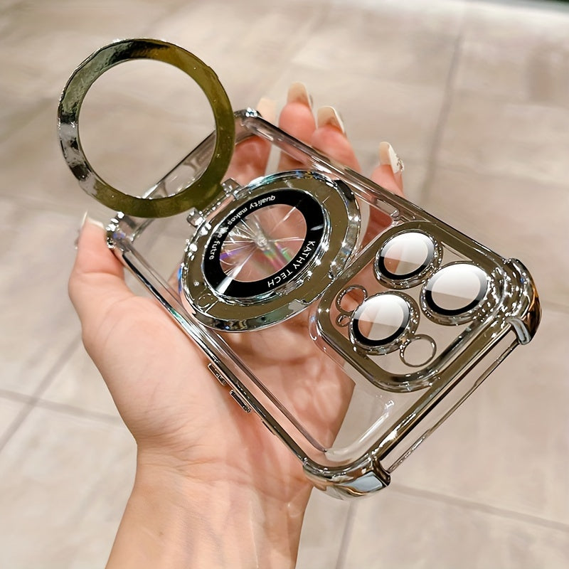 Luxury Magnetic Holder Wireless Charging Plating Clear Phone Case For IPhone 11/12/13/14/15 Pro Max Plus Shockproof Transparent Hard Phone Back Cover With Bracket