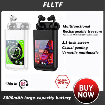 FLLTF A98 BOX Multiple Function in Ear Bluetooth Wireless Earphone Charging Case with 2.8" Touch Screen Power Bank Music Games