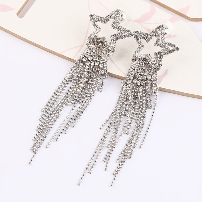 Jewelry for Women Featuring Long Tassel Earrings with a Silvery Pentagram Star Design, Perfect As Party Gifts.