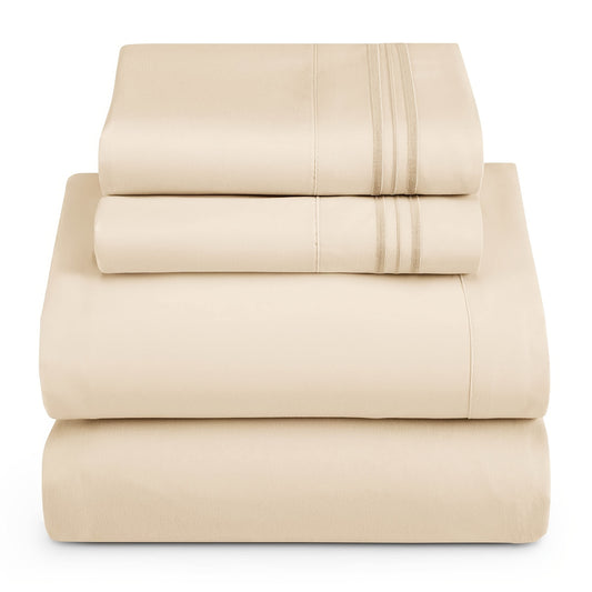 3/4pcs Beige Synthetic Fiber Sheet Set, Soft Brushed Microfiber Luxury Bedding Set, Suitable for Bedroom Rooms, Including 1 Sheet + 1 Sheet + 1/2 Pillowcase (Without Pillow Core), Deep Pockets, Easy to Care For, Not Fading An