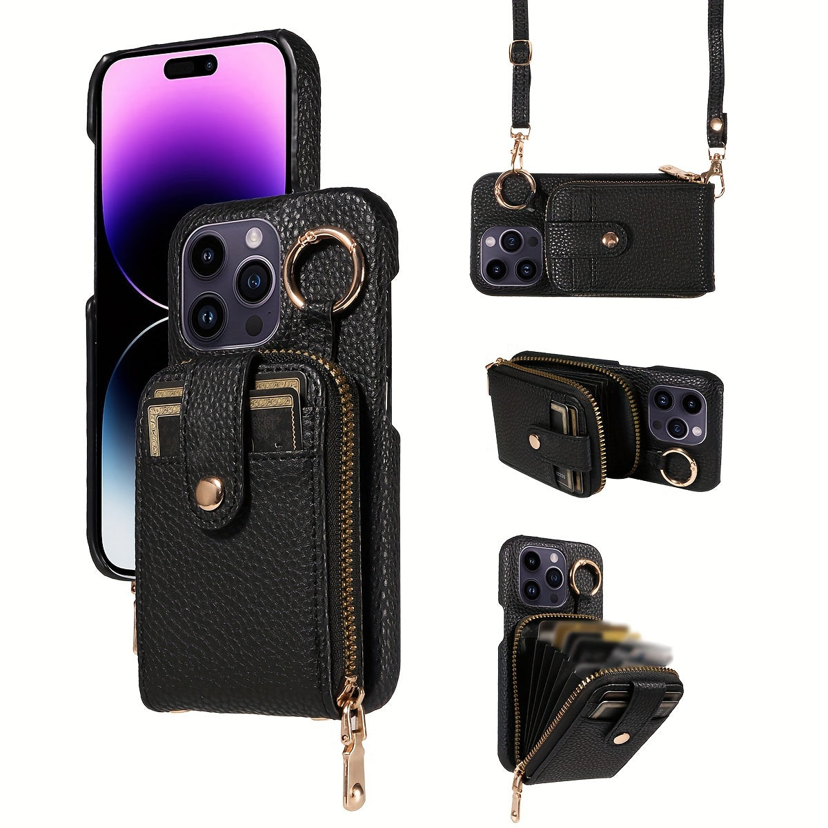 Phone Case Cover Anti-Fall Card Holder Crossbody Bag, For IPhone 15/15Plus/15Pro/15ProMax, IPhone 14/14Plus/14Pro/14ProMax, With Hook, With Long Lanyard Multifunctional Zipper Card Storage Leather Phone Case Cover