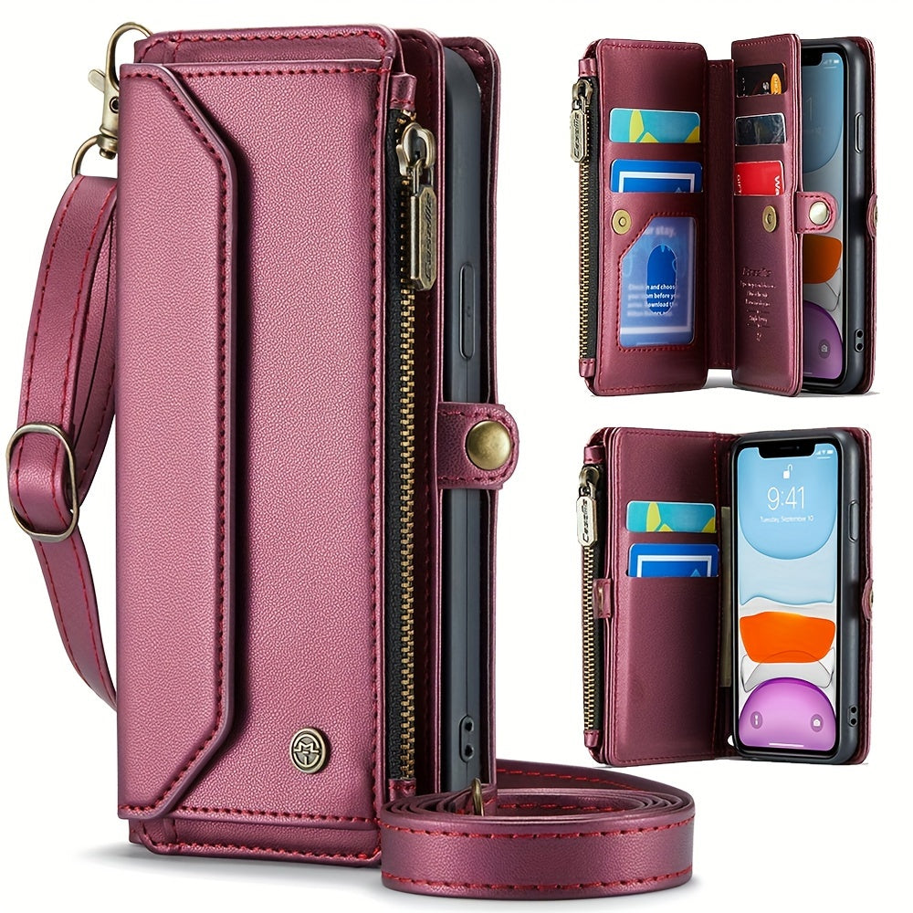 Long Lanyard PU Flip Leather Phone Case For IPhone 15 14 13 12 11Pro Max Mini XR XS 8 7 Plus SE 2022 Zipper Wallet Card Bags Cover