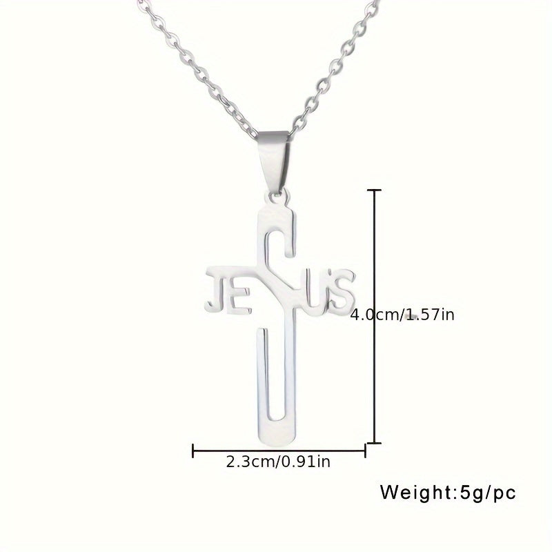 1pc Jesus Letter Cross Pendant Necklace, Stainless Steel Personality Design Fashion Metal Necklace Jewelry Gift