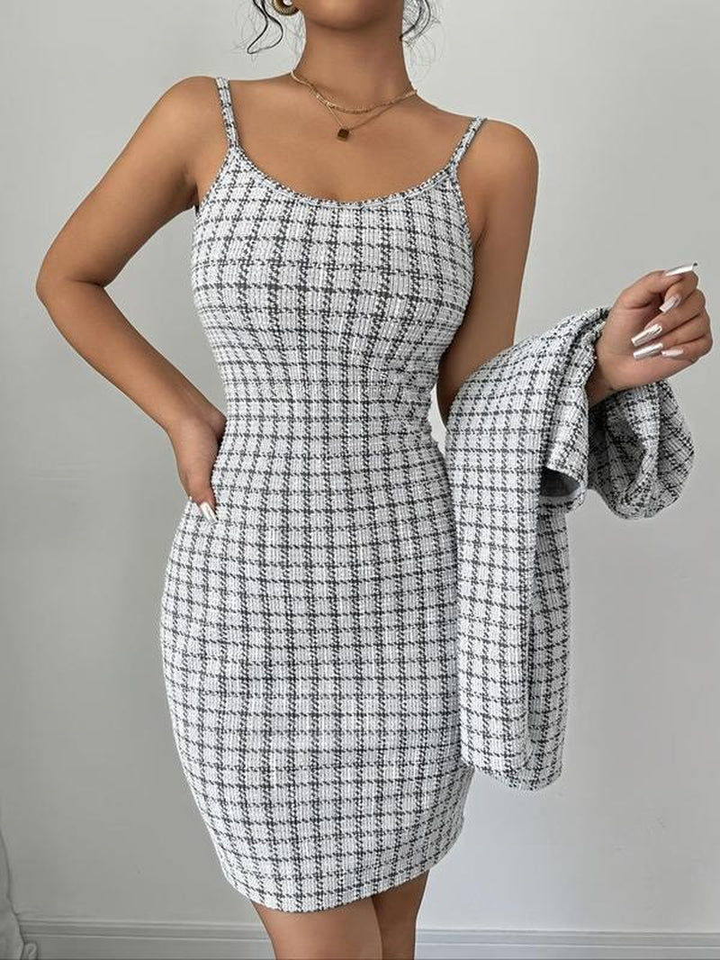 Women'S Jacket & Cami Dress Two-Piece Set, Casual Long Sleeve Outerwear & Dress for Work Office Business, Ladies Spring & Fall Clothes