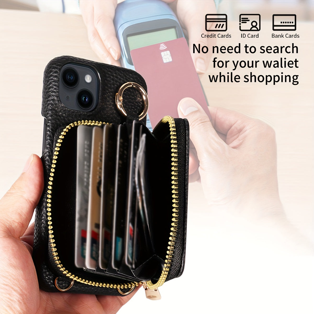 Leather Phone Case with Zipper Lanyard, Wallet, and Card Holder for iPhone (Multiple Models) - Anti-Drop and Convenient