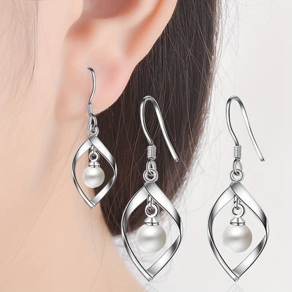 2 Pieces Silver Twisted Frame Imitation Pearl Hanging Earrings, Elegant Fashion Jewelry for Women and Girls