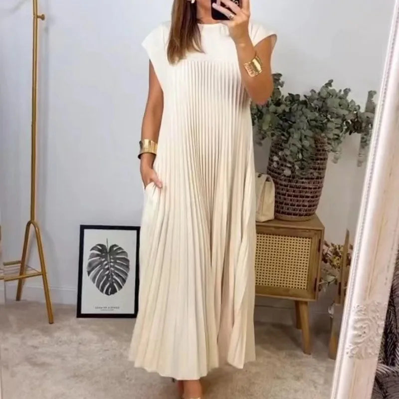 Pleated Dresses O Neck Pullover Dress Women Sexy Vestidos Solid Casual Dress Ankle Length Loose Fit Pockets 2024 Summer Folds