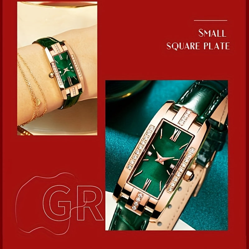 Rhinestone Decor Quartz Watch Elegant Rectangle Pointer Analog Wristwatch With PU Leather Strap