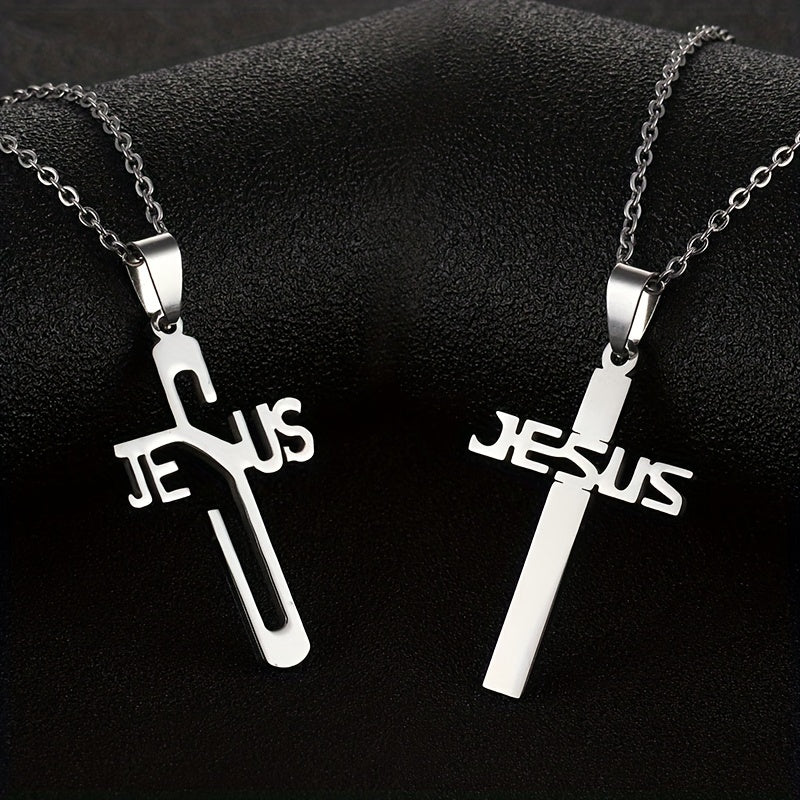1pc Jesus Letter Cross Pendant Necklace, Stainless Steel Personality Design Fashion Metal Necklace Jewelry Gift