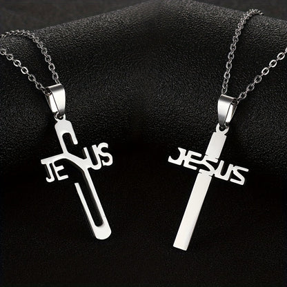 1pc Jesus Letter Cross Pendant Necklace, Stainless Steel Personality Design Fashion Metal Necklace Jewelry Gift