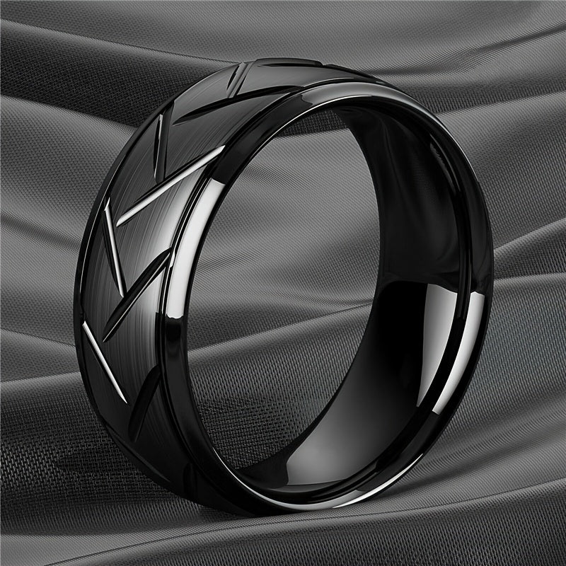 1pc 8MM Luxury Black Titanium Steel Ring - High Quality, Fashion Simple Design, Black Stainless Steel Wire Groove Tire Ring - For Men - Perfect Gift for Him - Anniversary, Birthday, Valentine's Day