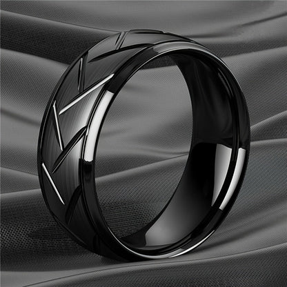 1pc 8MM Luxury Black Titanium Steel Ring - High Quality, Fashion Simple Design, Black Stainless Steel Wire Groove Tire Ring - For Men - Perfect Gift for Him - Anniversary, Birthday, Valentine's Day