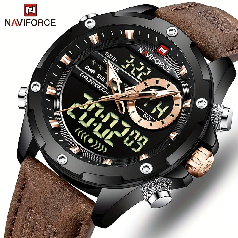 NAVIFORCE Men's Waterproof LED Dual Display Quartz Watch, Big Dial Chronograph Function Watch