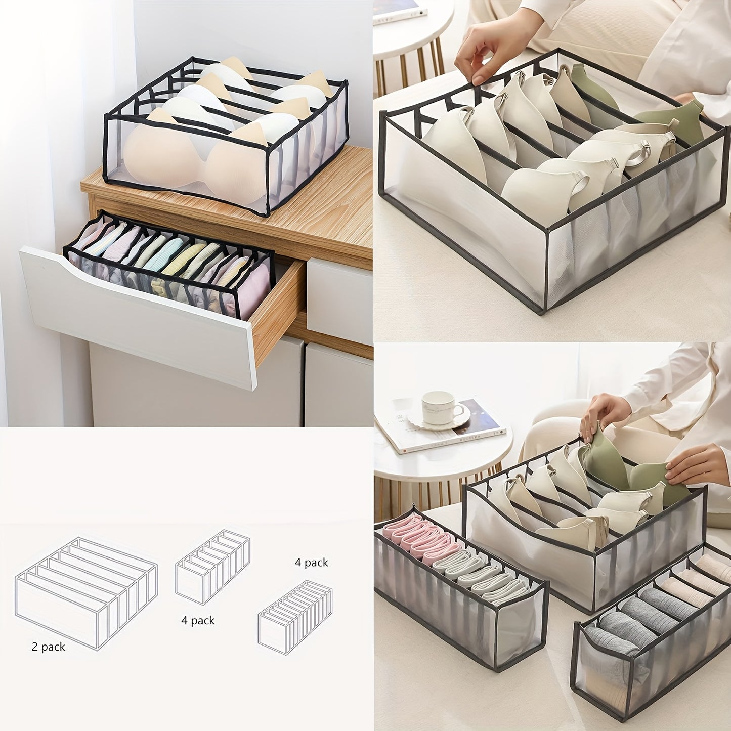 5 Pack Foldable Nylon Bra & Underwear Organizer Drawer - Multi-Cell Storage Suitable for Women with Bra, Lingerie, Sock & Hosiery Compartments - Space-Saving Closet Organizer (Inserts Easily, Durable)