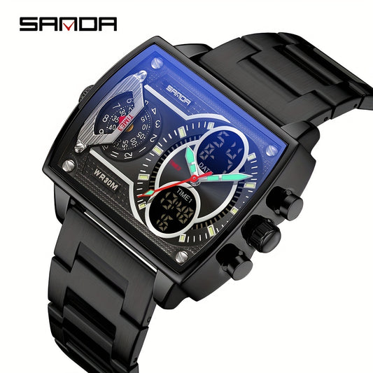 Large Dial Multi Time Zone Men's Watch, Square Dual Display Multifunctional Sports Watch with Dual Time Zone, Date, Alarm, and Stopwatch Functions