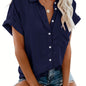 Women'S Short Sleeve V-Neck Button-Up Shirt with Pockets - Light Gray, Casual Summer Top, Perfect for Vacation or Casual Attire, Vacation Clothing | Buttonup Shirt | Glossy Texture