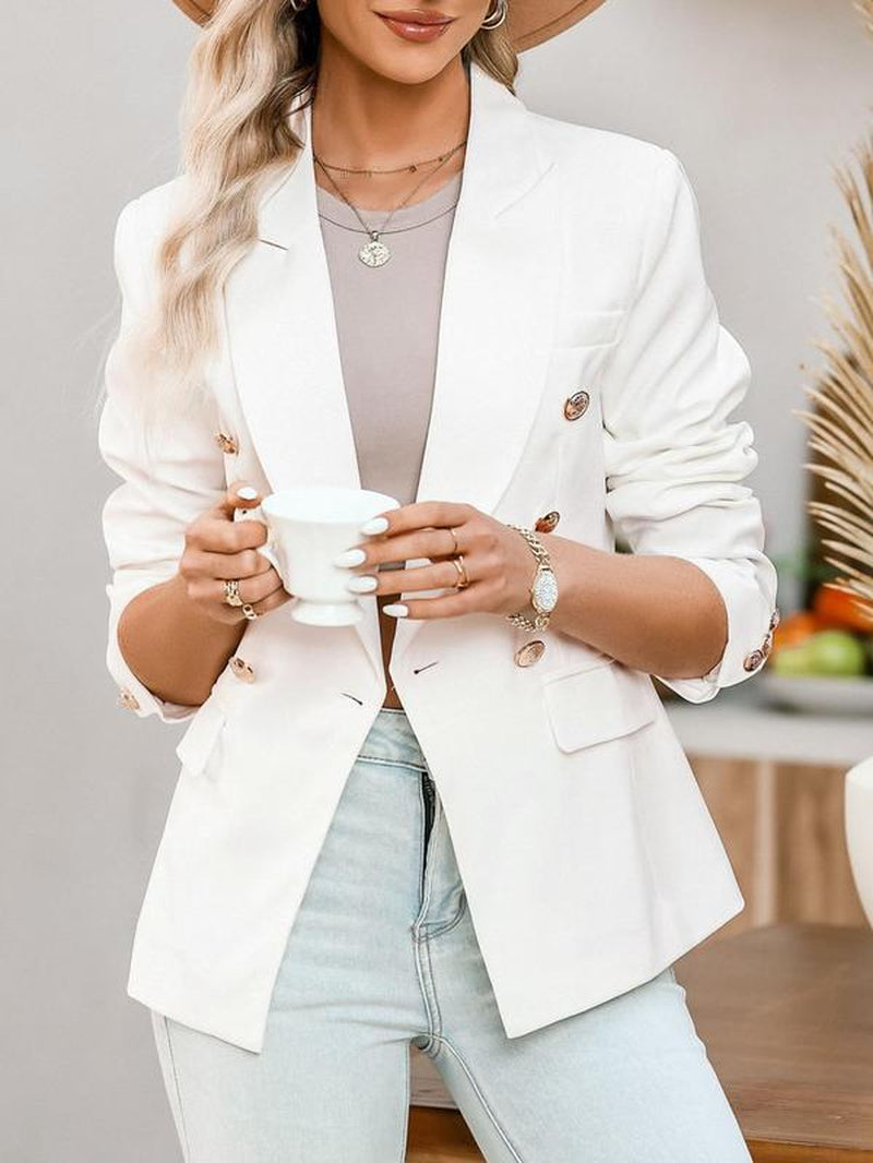 Women'S Solid Double Button Blazer without Tee, Elegant Long Sleeve Lapel Neck Button Front Blazer for Work Office Business, Ladies Spring & Fall Clothes