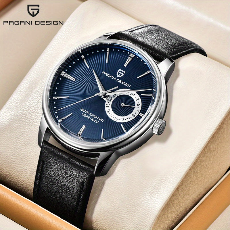 PAGAN DESIGN Fashion Casual Sports Watch Men Stainless Steel Waterproof Quartz Watch Leather Strap