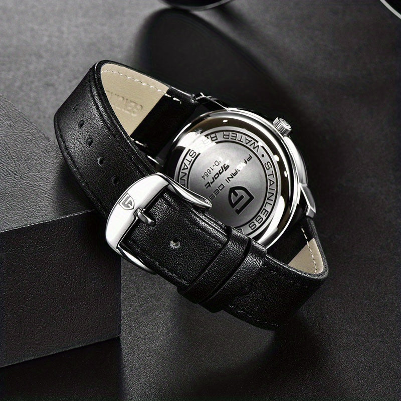 PAGAN DESIGN Fashion Casual Sports Watch Men Stainless Steel Waterproof Quartz Watch Leather Strap