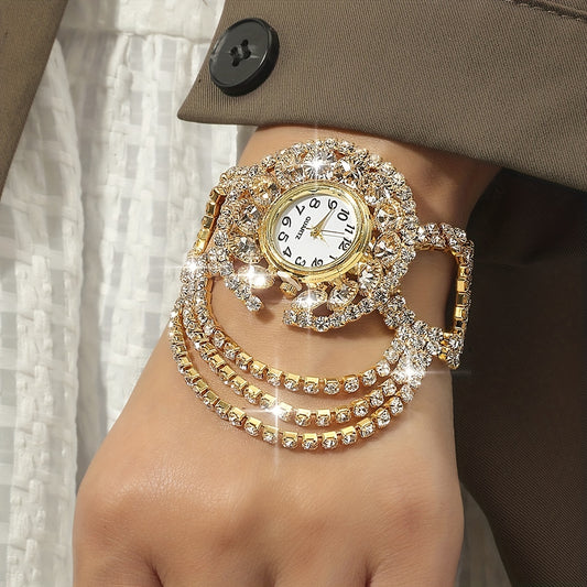 Luxurious Baroque Rhinestone Quartz Watch - Shiny Tassel Accent, Fashion Analog Display, Water-Resistant, Adjustable Bracelet, Perfect for Formal Occasions - Women's Elegant Timepiece