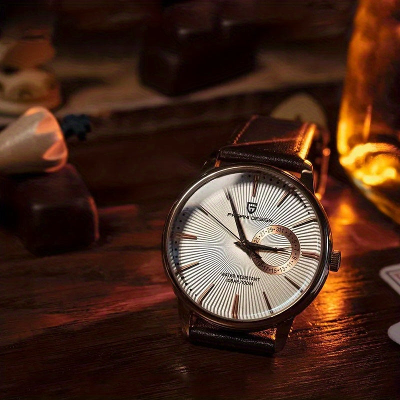 PAGAN DESIGN Fashion Casual Sports Watch Men Stainless Steel Waterproof Quartz Watch Leather Strap