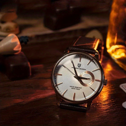 PAGAN DESIGN Fashion Casual Sports Watch Men Stainless Steel Waterproof Quartz Watch Leather Strap