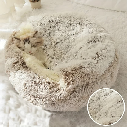 [Warm|Pet Bed] 2-in-1 Round Warm Pet Bed | Polyester Cat Bed, Long Plush, Winter, with Sleeping Bag Sofa Cushion for Cat