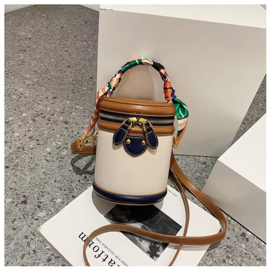 Exquisite PU Leather Bucket Bag Women New Cylinder Portable Hand Bag Large Capacity Shoulder Crossbody Bag for Travel Shopping