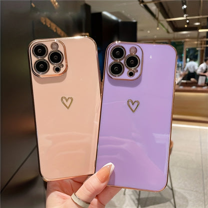 Plating Love Heart Shockproof Soft Phone Case for iPhone 14 13 12 11 Pro Max Plus Lens Camera Protective Cover