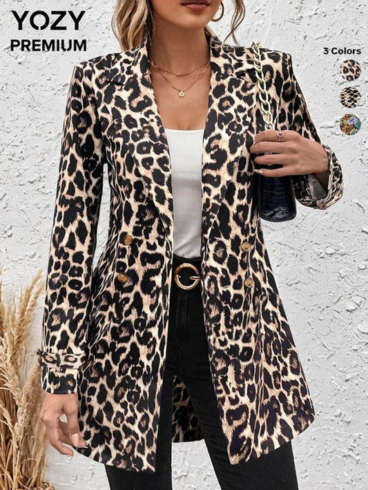 YOZY Women'S Leopard Print Double Button Lapel Blazer Jackets, Elegant Long Sleeve Outerwear for Work Office Business, Ladies Clothes for All Seasons, Fall & Winter Clothes