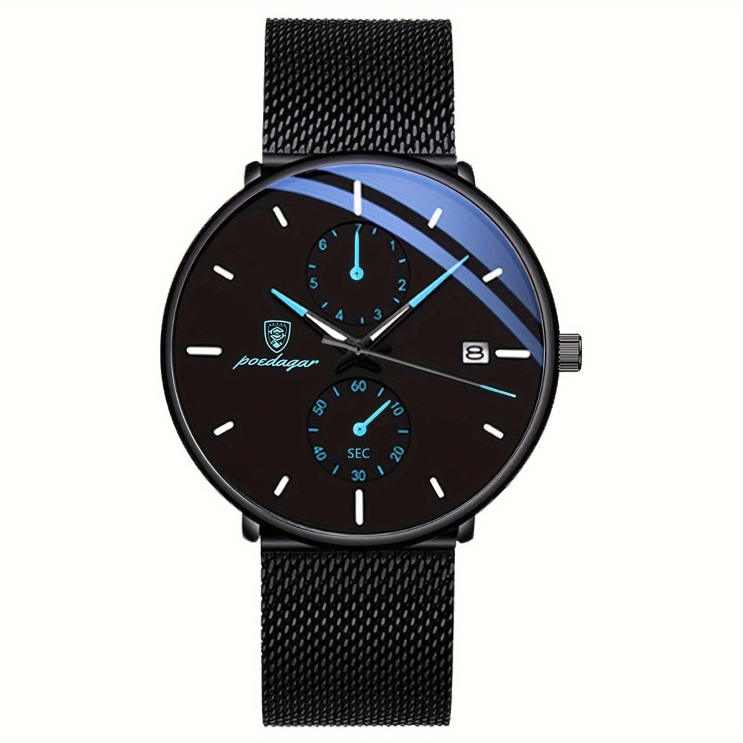Mens Slim Quartz Watch - Luminous Date Display, Water Resistant, Stainless Steel Mesh Strap, Ideal Gift for Him, Stylish Sport Wristwatch for Everyday Wear