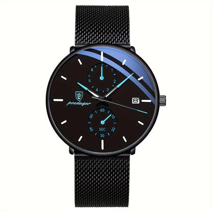 Mens Slim Quartz Watch - Luminous Date Display, Water Resistant, Stainless Steel Mesh Strap, Ideal Gift for Him, Stylish Sport Wristwatch for Everyday Wear